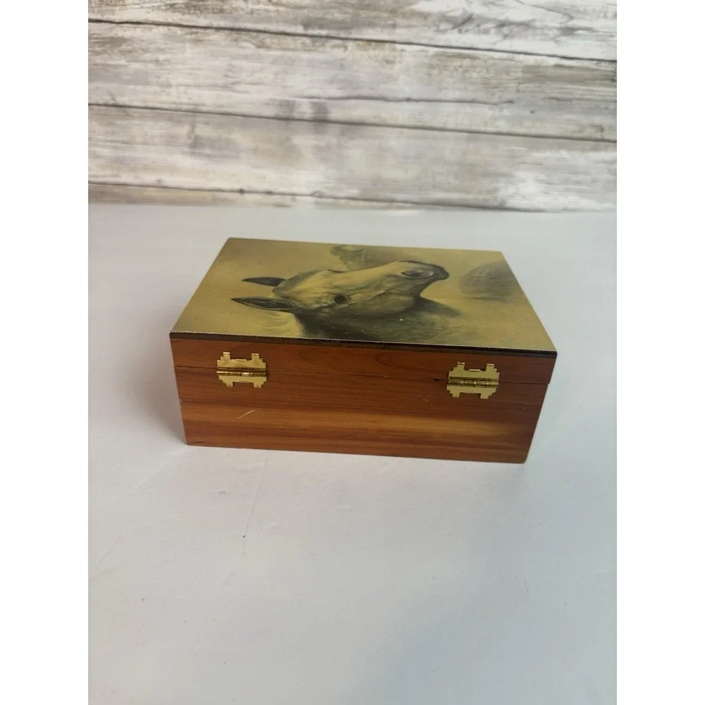 Cedar Wood Trinket Box With Horses Vintage 4x6